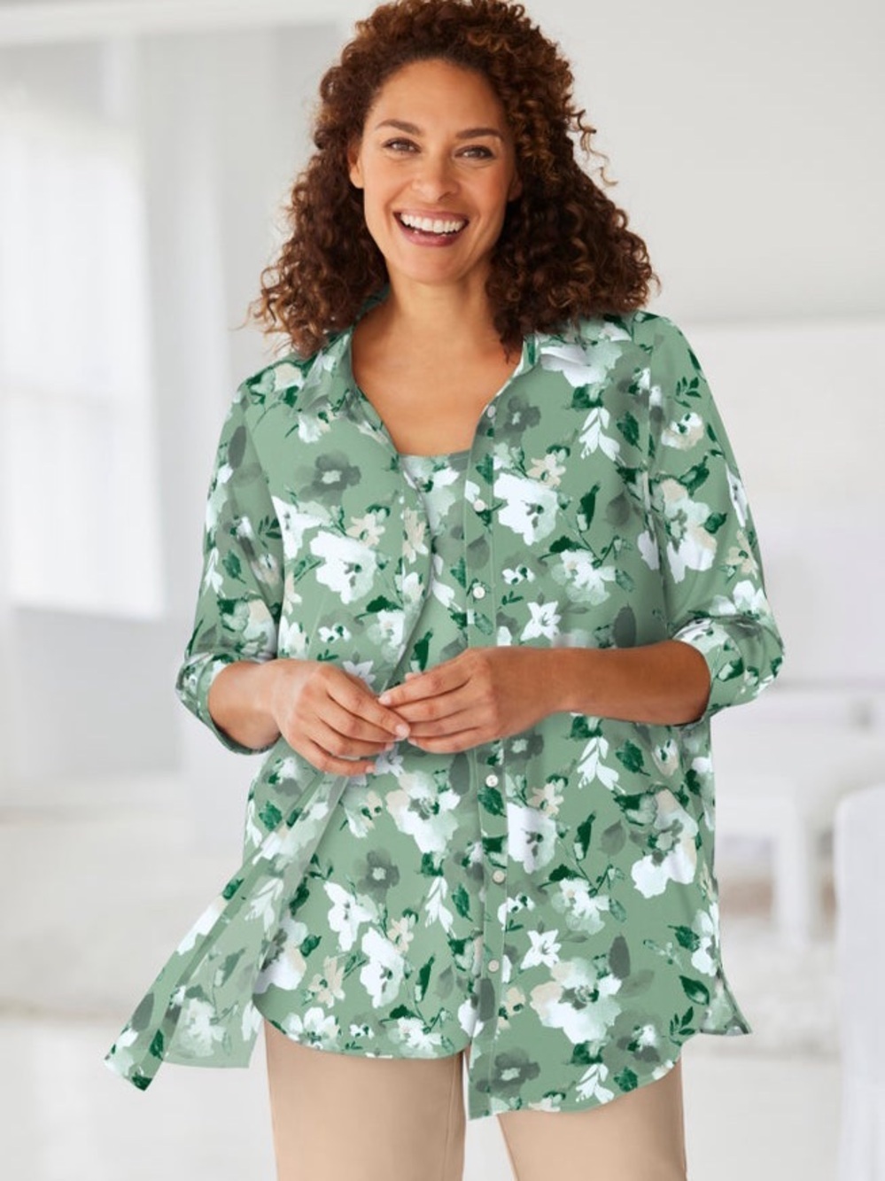 Women Within 2-Piece Shirt and Tank Floral Olive Green Size 14/16 NWT